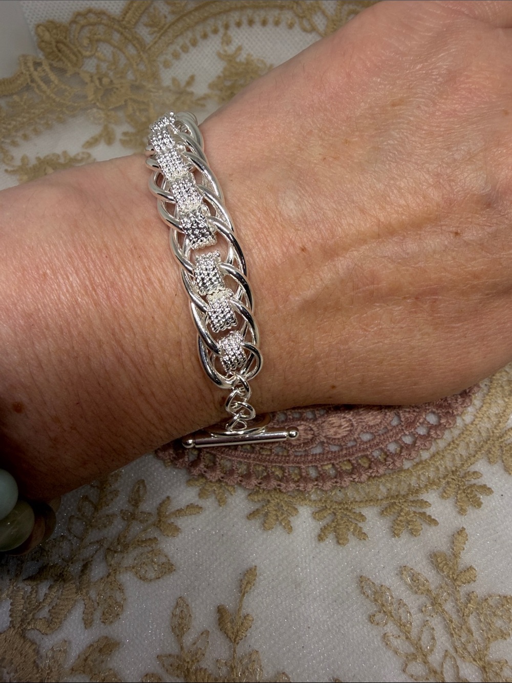 925 Sterling Silver Textured Toggle Link Bracelet Heavy Clean Girl Quiet Luxury